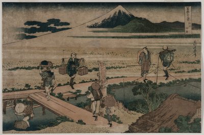 Vue du mont Fuji et voyageurs sur un pont, vers 1835 - Katsushika Hokusai