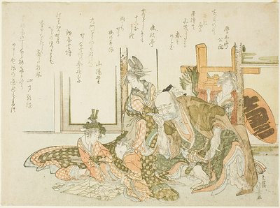 Un vieil homme et des assistants regardant le jeu de Sugoroku - Katsushika Hokusai