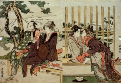 Azuma et Yogoro dans la vieille neige. Koman et Yosaku au crépuscule - Katsushika Hokusai