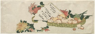 Panier avec éventail, chrysanthèmes et champignons - Katsushika Hokusai