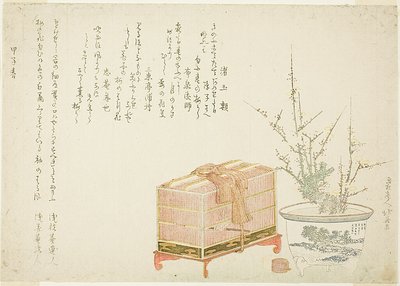 Cage à oiseaux et prunier en pot - Katsushika Hokusai