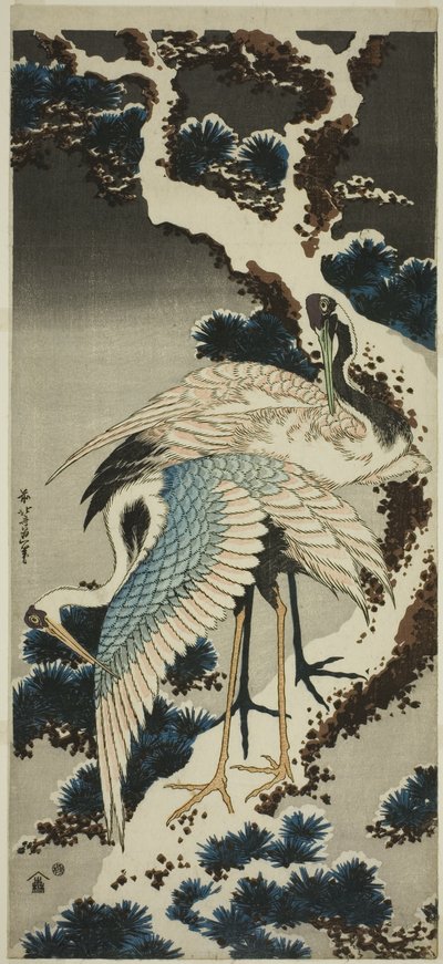 Grues sur un pin couvert de neige - Katsushika Hokusai