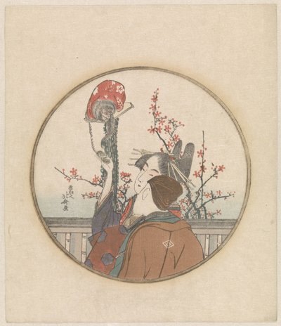 Couple avec un singe et une branche en fleurs - Katsushika Hokusai
