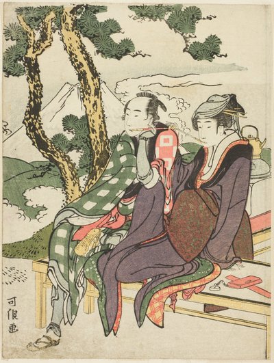 Lueur du soir pour Date no Yosaku et Seki no Koman, de la série sans titre connue sous le nom de "Huit vues des amants tragiques (Michiyuki hakkei)" - Katsushika Hokusai