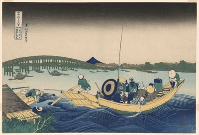 Fuji depuis Ommayagashi avec crépuscule sur le pont Ryogoku (Ommayagashi yori ryogokubashi sekiyo o miru), de la série "Trente-six vues du mont Fuji (Fugaku sanjurokkei)" - Katsushika Hokusai