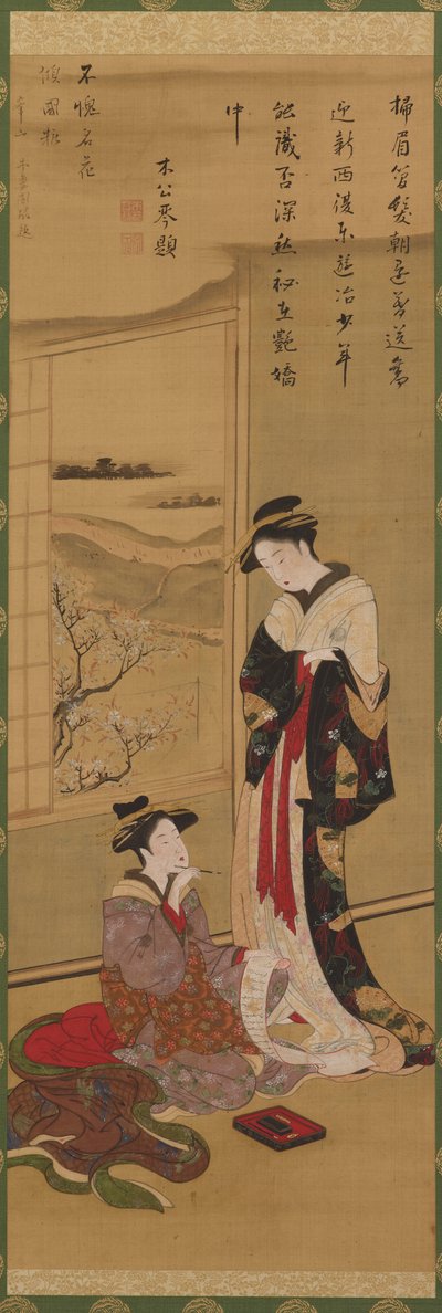 Intérieur : une courtisane écrivant, une autre regardant - Katsushika Hokusai