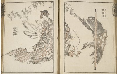 Femme japonaise, un renard blanc à 9 queues et un singe (gravure sur bois) - Katsushika Hokusai