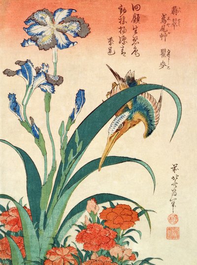 Martin-pêcheur, iris et œillets, pub. par Nishimura Eijudo, vers 1832, une série de dix estampes - Katsushika Hokusai