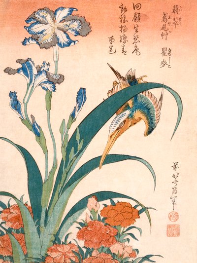 Martin-pêcheur, iris et œillets, publié c. 1834 - Katsushika Hokusai