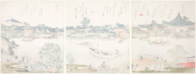 Salle Komagata et rive de la rivière O-umaya, de la série "Une sélection de chevaux" - Katsushika Hokusai