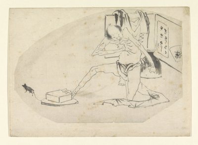 Homme en pagne, une boîte et une souris - Katsushika Hokusai