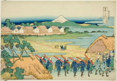 Mont Fuji vu du quartier des plaisirs de Senju (Senju kagai yori chobo no Fuji), de la série "Trente-six vues du mont Fuji (Fugaku sanjurokkei)" - Katsushika Hokusai