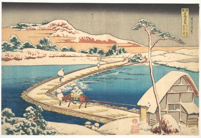 Vue ancienne du pont flottant de Sano, dans la province de Kōzuke (Kōzuke Sano funabashi no kozu), tirée de la série « Vues remarquables de ponts dans diverses provinces » (Shokoku meikyō kiran) - Katsushika Hokusai