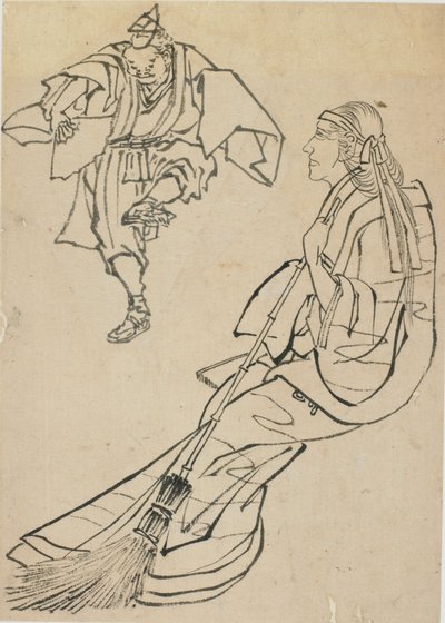 Vieille femme assise sur un banc devant qui un homme avec un éventail danse, fin du XVIIIe-début du XIXe siècle - Katsushika Hokusai