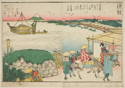 Pages du livre illustré "Vues panoramiques le long des rives de la rivière Sumida (Ehon Sumidagawa ryogan ichiran)" - Katsushika Hokusai