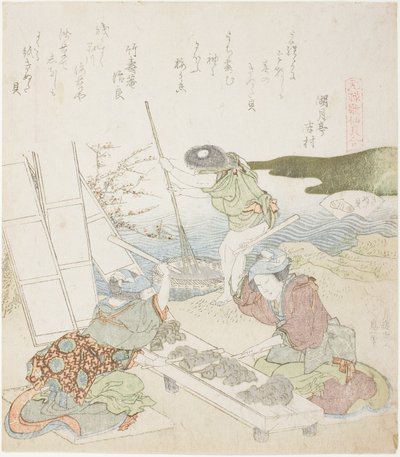 Recyclage du papier, illustration pour The Fulling-block Shell (Kinuta gai), de la série "A Matching Game with Genroku-period Poem Shells (Genroku kasen kai awase)" - Katsushika Hokusai