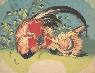 Coq, poule et poussin avec tradescantia, vers 1830-33 - Katsushika Hokusai