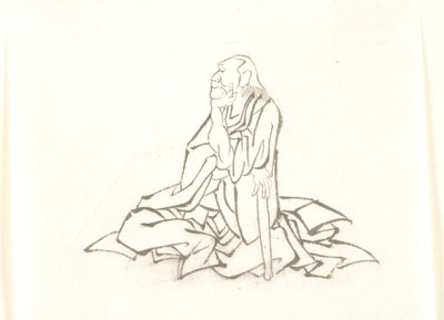 Vieil homme assis, appuyé sur son bâton - Katsushika Hokusai
