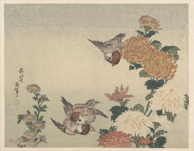 Moineaux et chrysanthèmes - Katsushika Hokusai