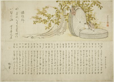 Moineaux sur des meules avec des buissons de hagi - Katsushika Hokusai