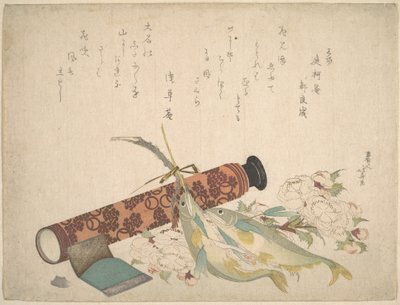Nature morte : double branche de cerisier en fleurs, télescope, poisson-douce et boîte de mouchoirs - Katsushika Hokusai