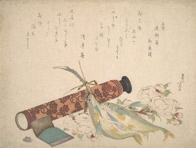 Nature morte : Branche de cerisier double, télescope, poisson doux et étui à mouchoirs, vers 1804-13 - Katsushika Hokusai