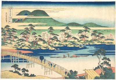 Pont Togetsu à Arashiyama à Yamashiro, de la série Vues remarquables des ponts dans diverses provinces (Shokoku meikyō kiran), c.1830 (gravure sur bois en couleur) - Katsushika Hokusai