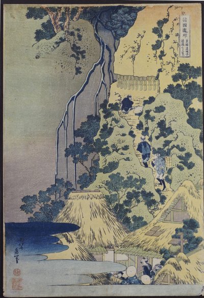 Voyageurs gravissant une colline escarpée pour rendre hommage à un sanctuaire de Kannon dans une grotte près de la cascade - Katsushika Hokusai
