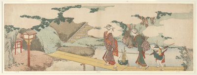Deux femmes et un garçon sur la promenade - Katsushika Hokusai