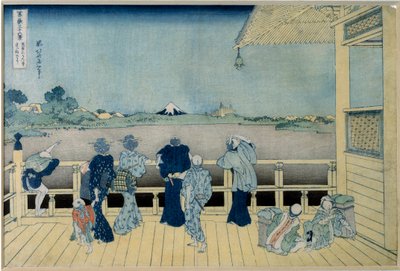 Vue du mont Fuji au Japon admirant le mont Fuji depuis une maison sur pilotis. Série « Les 36 vues du mont Fuji » estampe japonaise de Katsushika Hokusai (1760-1849) 1829-1833 - Katsushika Hokusai
