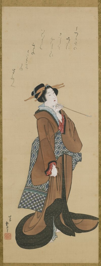 Femme tenant une pipe à tabac, période Edo, vers 1814-15 - Katsushika Hokusai