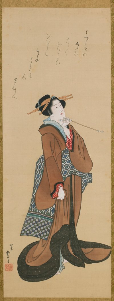 Femme tenant une pipe à tabac - Katsushika Hokusai