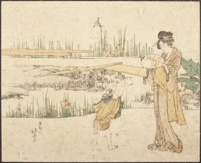 Femme et enfant dans un jardin ; fragment représentant un vendeur de poissons rouges - Katsushika Hokusai