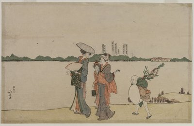 Femmes et enfants marchant le long de la rivière Sumida, début des années 1800 - Katsushika Hokusai