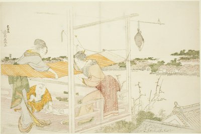 Femmes sur une véranda étendant du tissu pour sécher - Katsushika Hokusai