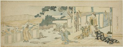 Femmes sous la véranda regardant une fille cueillant des fleurs - Katsushika Hokusai