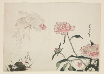 Coqs à longue queue parmi les fleurs (estampe sur bois en couleur) - Katsushika II (fl.1820 50) Taito