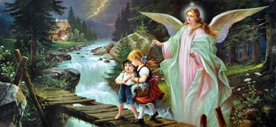 Un ange gardien protège deux enfants traversant une rivière sur un vieux pont en bois, début du 20e siècle - Alec Hunter