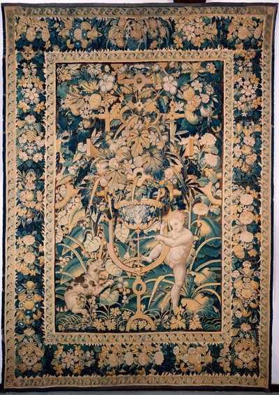 Tapisserie. Enghien. Garçon face à un animal sauvage (Bambin taquinant un jeune fauve, De knaap met het jonge wilde dier). 363 cm x 259 cm. Un garçon ou putto taquinant un animal sauvage, peut-être un léopard, avec une poire fixée sur un bâton. - Alec Hunter