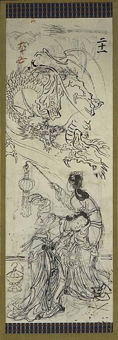 Deux femmes chinoises avec un dragon, une des six esquisses - Kawanabe Kyosai