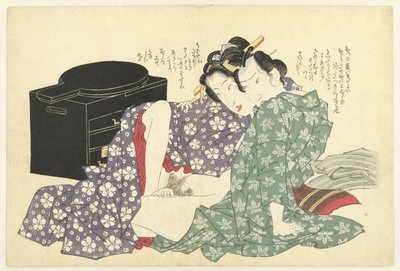 Couple amoureux devant une armoire laquée - Keisai Eisen (attributed to)