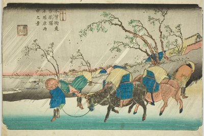 N° 20 : Pluie sur la plaine de Hiratsuka près de la station de Kutsukake (Niju: Kutsukake no eki, Hiratsukahara uchu no kei), de la série "[Soixante-neuf stations du] Kisokaido (Kisokaido [rokujukyu tsugi no uchi])" - Keisai Eisen
