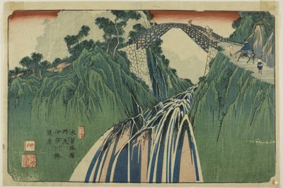 N° 41 : Vue lointaine du pont de la rivière Ina à Nojiri (Yonjuichi : Noriji Inagawabashi enkei), de la série " [Soixante-neuf stations du] Kisokaido " - Keisai Eisen