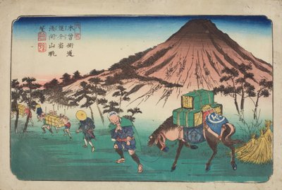 Oiwake, voyageurs avec un cheval passant une montagne, planche 22 de la série : Les soixante-neuf stations de la route du Kisokaido - Keisai Eisen