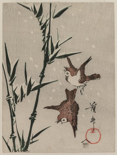 Moineaux, bambou et neige tombante - Keisai Eisen