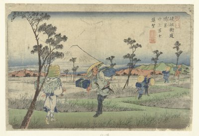 Vue du mont Fuji en forme de fontaine depuis Konosu (Les stations du Kisokaido) - Keisai Eisen