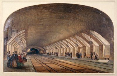 Intérieur de la station Baker Street montrant les quais et un train approchant, Londres, vers 1865 - Kell Brothers