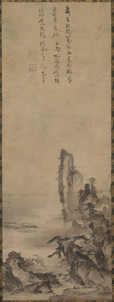Temple solitaire et falaise imposante, vers 1480 - Kenkō Shōkei