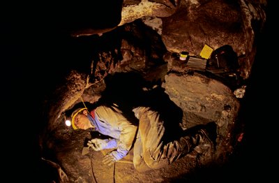 Qui étaient les premiers Américains, Timothy Heaton, fouillant, Dans la grotte On your Knees, Prince of Wales Island, Alaska, 2008 (photo) - Kenneth Garrett