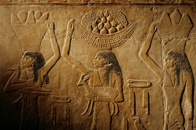 Femmes portant du pain, un oiseau, une chèvre et des produits, tombe de Tiye, Égypte ; Ancien Empire ; Saqqa... - Kenneth Garrett